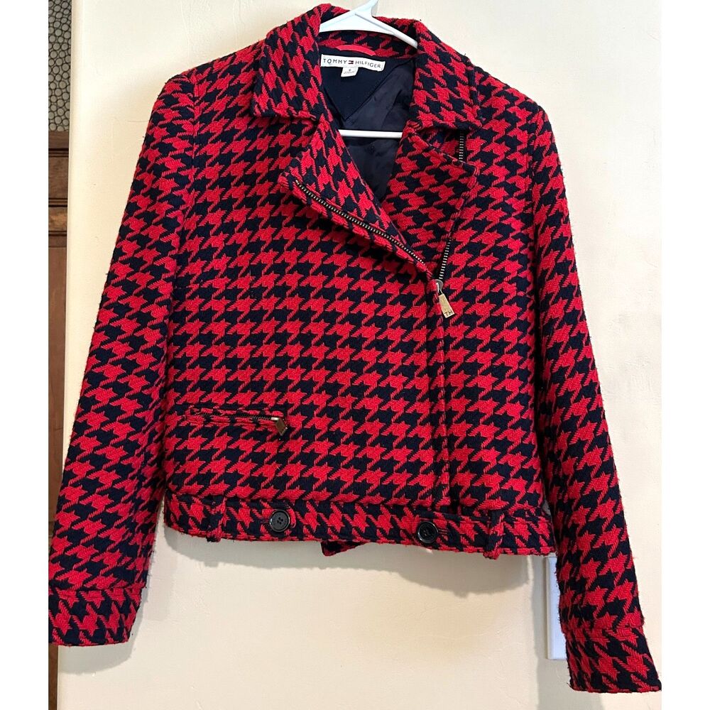 Vintage Tommy Hilfiger Womens Wool Blend Motorcycle Jacket Size 6 Houndstooth